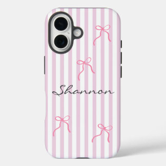 Preppy Pink Stripe and Bow Personalized  iPhone 16 Hoesje