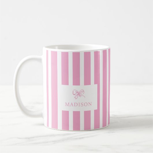 Preppy Pink Stripes & Bow Aangepaste naam Koffiemok (Links)