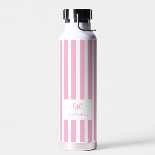 Preppy Pink Stripes & Bow Aangepaste naam Waterfles (Links)