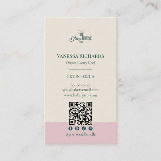 Preppy Pink Stripes Green Bakery Logo QR Code Visitekaartje (Achterkant)