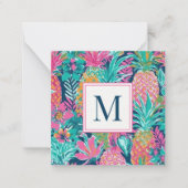 Preppy Pink Teal Navy Blue Pineapple Monogram Notitiekaartje (Voorkant)
