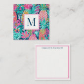 Preppy Pink Teal Navy Blue Pineapple Monogram Notitiekaartje (Voorkant / Achterkant)