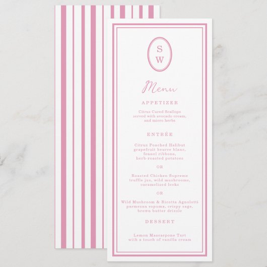 Preppy Pioenroze Chic Monogram Bruiloftsmenu kaart (Voorkant / Achterkant)