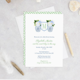 Preppy Pistachio Navy Floral Monogram Baby shower Kaart