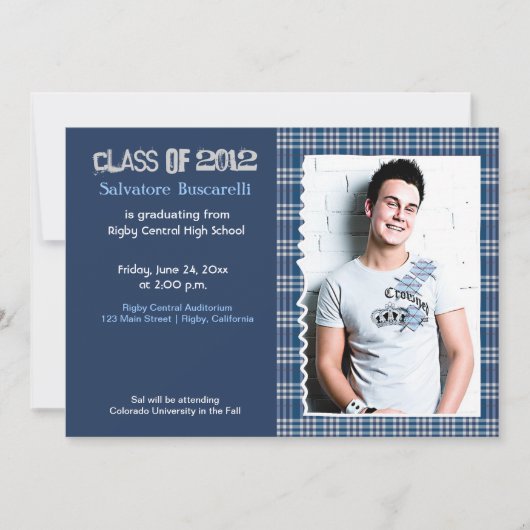 Preppy Plaid Afstudeer Uitnodiging {Blauw} (Voorkant)