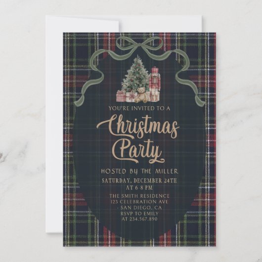 Preppy Plaid Christmas Party Invitation Kaart (Voorkant)