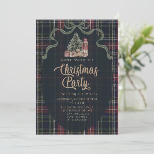 Preppy Plaid Christmas Party Invitation Kaart (Staand voorkant)