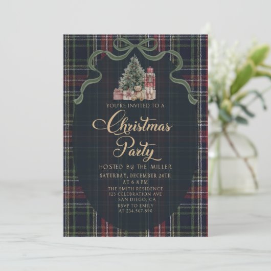 Preppy Plaid Christmas Party Invitation Kaart (Staand voorkant)