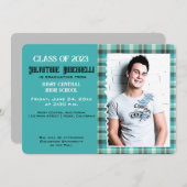 Preppy Plaid Eindexamen Afstudeeruitnodiging {Blau Aankondiging (Voorkant / Achterkant)