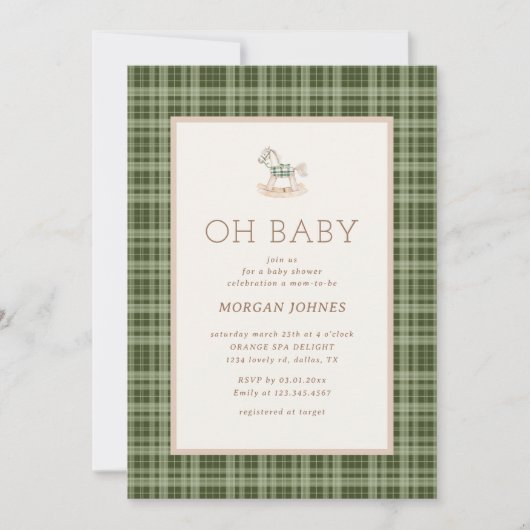 Preppy Plaid Rocking Horse Baby Shower Kaart (Voorkant)