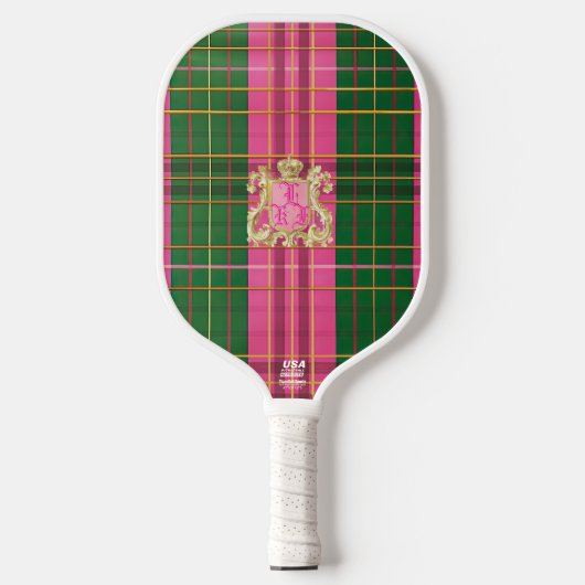 Preppy Plaid Roze en Groen Monogrammed Pickleball Paddle (Voorkant)