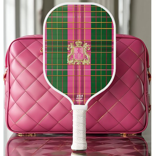 Preppy Plaid Roze en Groen Monogrammed Pickleball Paddle