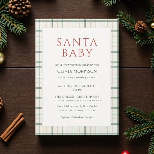 Preppy Plaid Santa Baby Shower Kaart