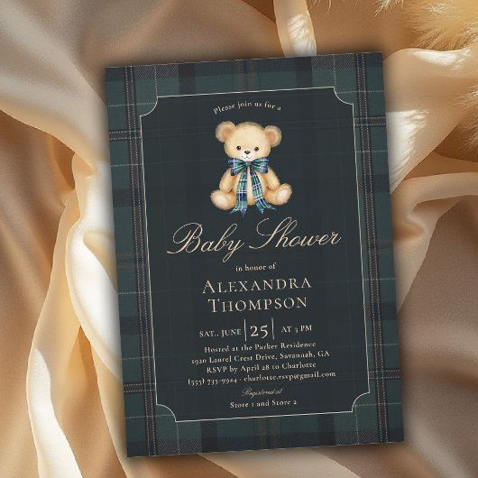 Preppy Plaid Tartan Teddy Bear Bow Boy Baby Shower Kaart