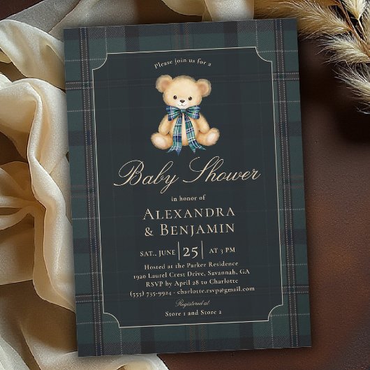 Preppy Plaid Tartan Teddy Bow Coed Boy Baby Shower Kaart