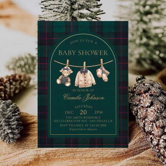 Preppy Plaid Teddy Bear Baby Shower Invitation Kaart