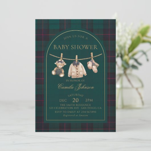 Preppy Plaid Teddy Bear Baby Shower Invitation Kaart (Staand voorkant)