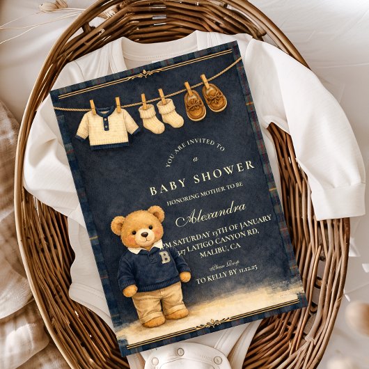 Preppy Plaid Teddy Bear Baby Shower Kaart