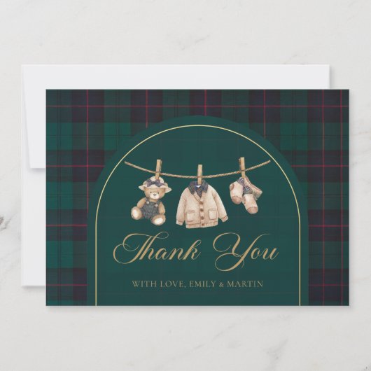 Preppy Plaid Teddy Bear Baby Shower Thank You Card Bedankkaart (Voorkant)