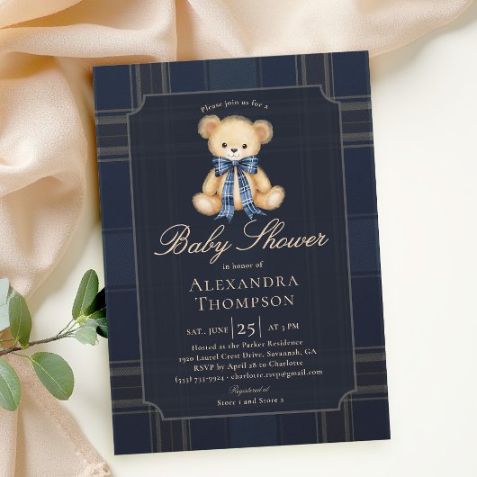 Preppy Plaid Teddy Bear Bow Blue Boy Baby Shower Kaart
