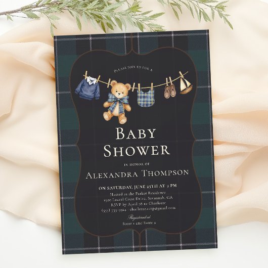 Preppy Plaid Teddy Bow Clothesline Boy Baby Shower Kaart