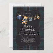 Preppy Plaid Teddy Bow Clothesline Boy Baby Shower Kaart (Voorkant)