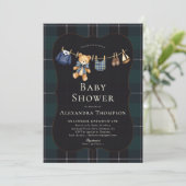 Preppy Plaid Teddy Bow Clothesline Boy Baby Shower Kaart (Staand voorkant)