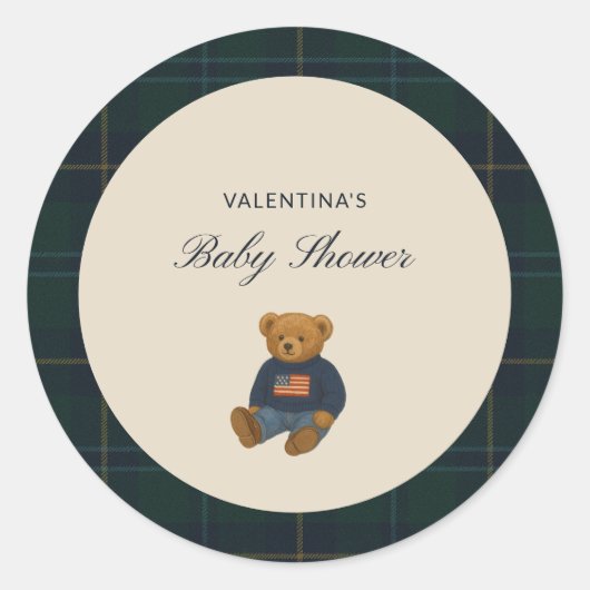 Preppy Plaid Teddybeer Baby Shower Stickers (Voorkant)