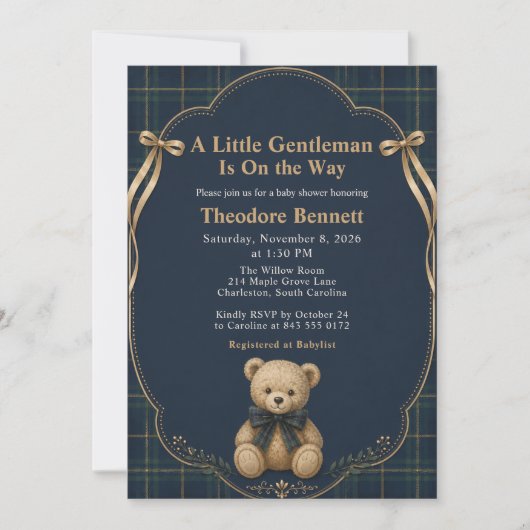 Preppy Plaid Teddybeer Babyshower Kaart (Voorkant)