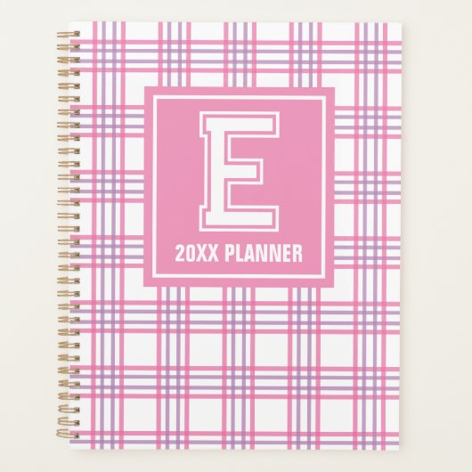 Preppy Plaid Varsity Monogram Roze Paars Planner (Voorkant)
