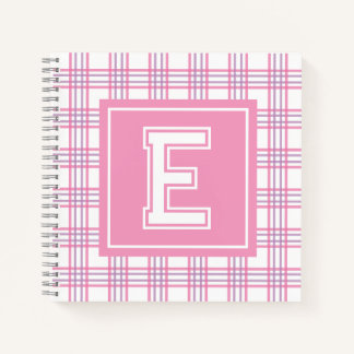 Preppy Plaid Varsity Monogram Roze Paars Vierkant Notitieboek