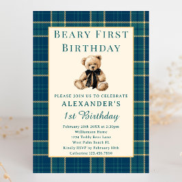 Preppy Plaid Vintage Beary First Boy 1st Birthday Kaart