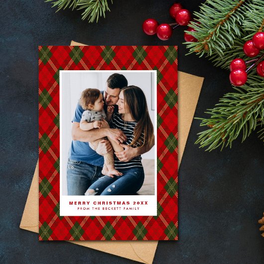 Preppy Plaid Vintage Christmas Photo Feestdagenkaart
