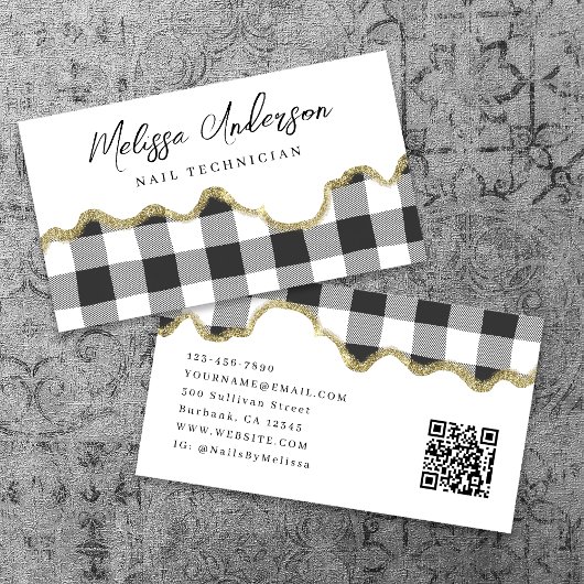 Preppy Plaid Zwart Wit Goud Glitter QR Code Visitekaartje