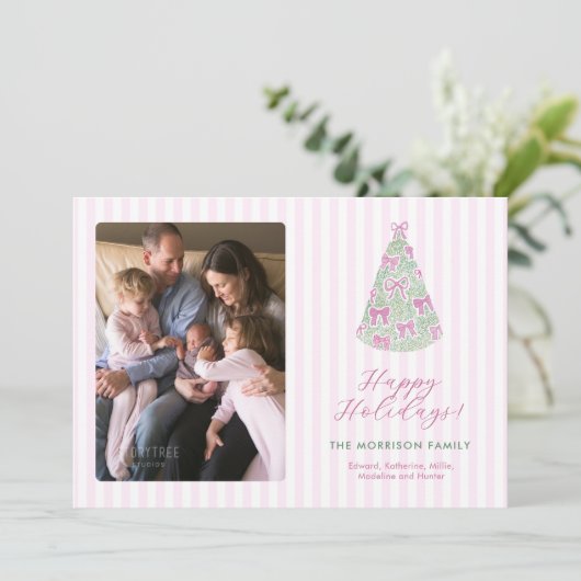 Preppy Plum Hand-Drawn Bows Christmas Tree Photo Feestdagenkaart (Staand voorkant)