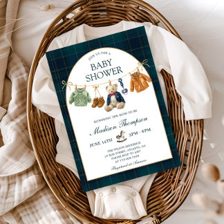 Preppy Polo Teddybeer Vintage Baby Shower Uitnodig Kaart