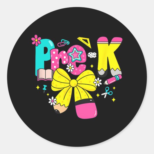 Preppy Pre-k Pencil Bow Back To School Teacher Gir Ronde Sticker (Voorkant)