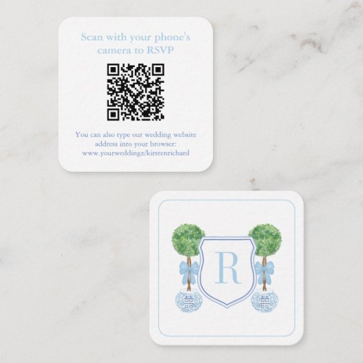 Preppy QR Code Monogram Topiary Register of RSVP Informatiekaartje (Voorkant / Achterkant)