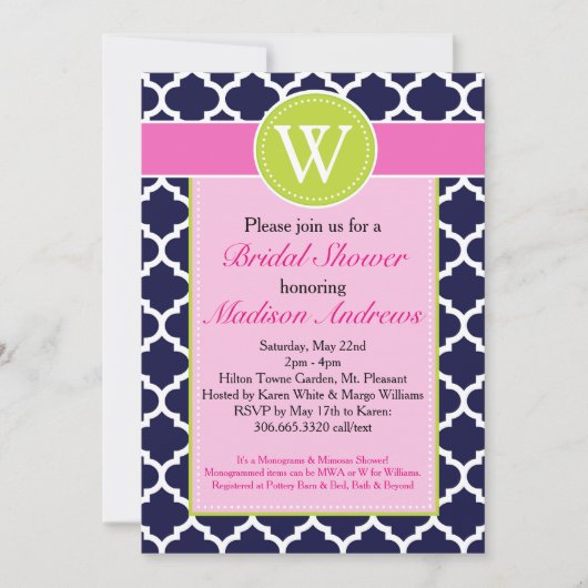 Preppy Quatrefoil Monogram Shower Invitation Kaart (Voorkant)
