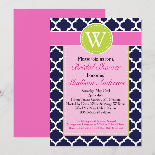 Preppy Quatrefoil Monogram Shower Invitation Kaart (Voorkant / Achterkant)