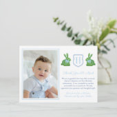 Preppy Rabbit Boy Christening 1st Birthday Party Bedankkaart (Staand voorkant)