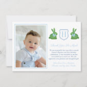 Preppy Rabbit Boy Christening 1st Birthday Party Bedankkaart (Voorkant)