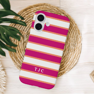 Preppy Raspberry Pink Stripe Monogram iPhone 16 Hoesje