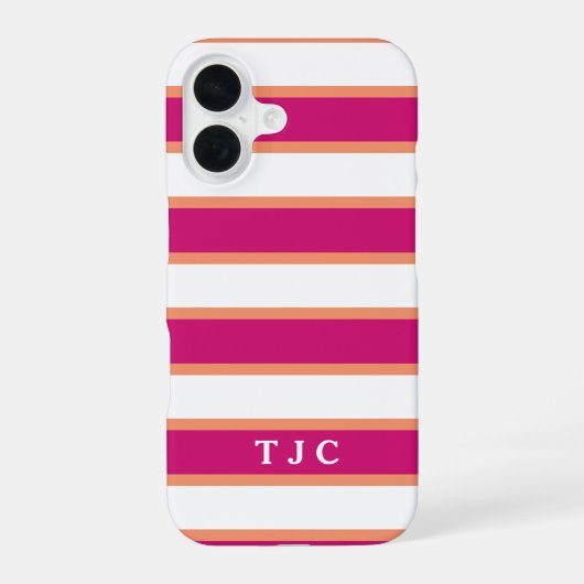 Preppy Raspberry Pink Stripe Monogram iPhone 16 Hoesje (Achterkant)