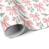 Preppy Red Bow & Holly Christmas Wrapping Paper Cadeaupapier (Rol Hoek)