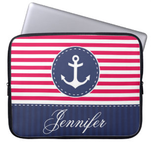 Preppy Red Navy Nautical Anchor Custom Name Laptop Sleeve