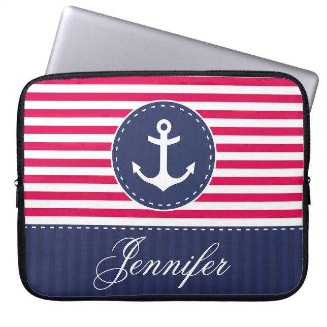 Preppy Red Navy Nautical Anchor Custom Name Laptop Sleeve (Voorkant)
