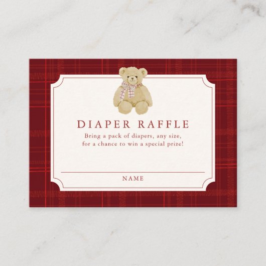 Preppy Red Plaid Teddy Bear Diaper Raffle Informatiekaartje (Voorkant)