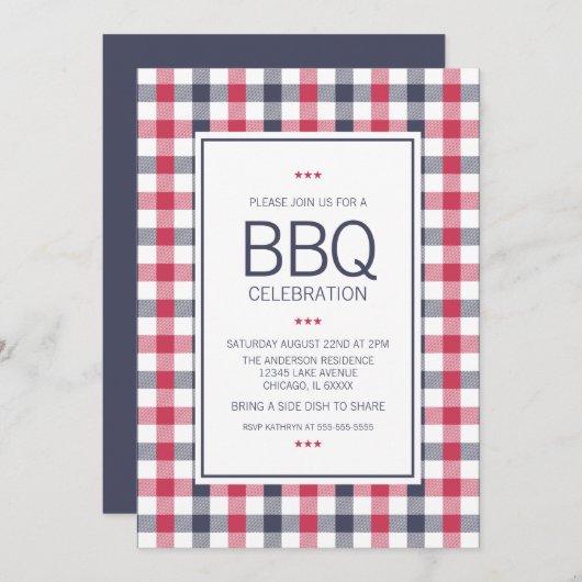 Preppy Red, White & Blue Pset BBQ Party Invitation Kaart (Voorkant / Achterkant)