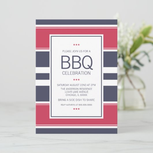 Preppy Red, White & Blue Stripe BBQ Uitnodiging (Staand voorkant)